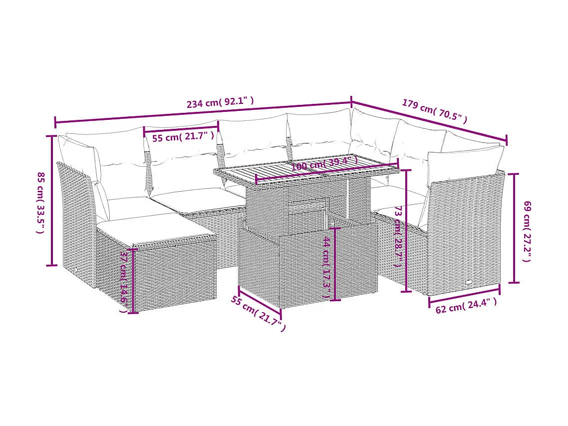 Set de sofás de jardín 8 piezas y cojines ratán sintético negro