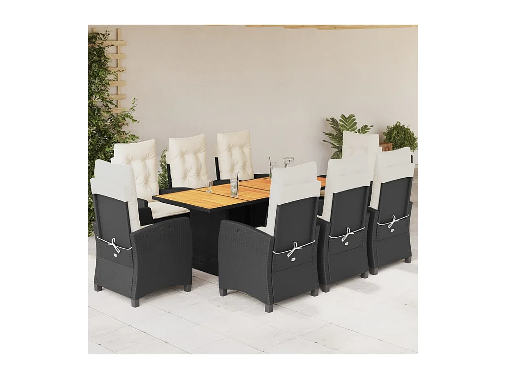 Ensemble à manger de jardin 9pcs coussins noir résine tressée
