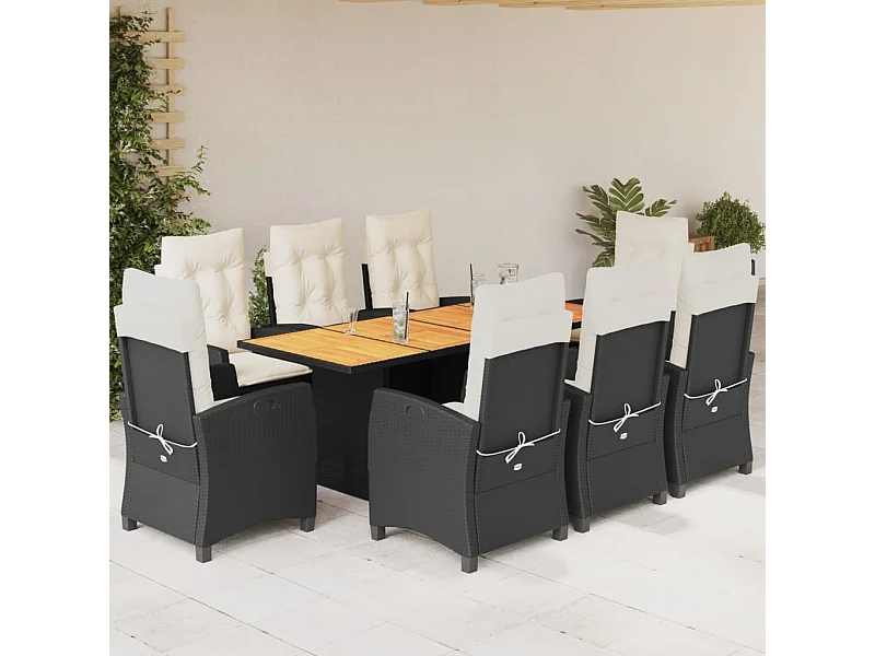 9-tlg. Garten-Essgruppe mit Kissen Schwarz Poly Rattan