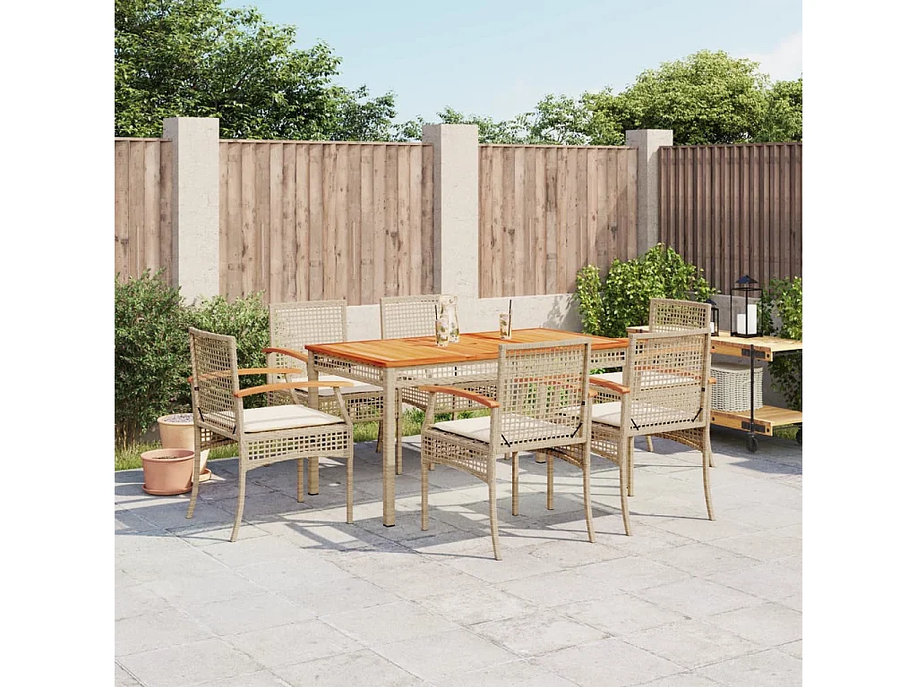 7 pcs conjunto de jantar p/ jardim com almofadões vime PE bege