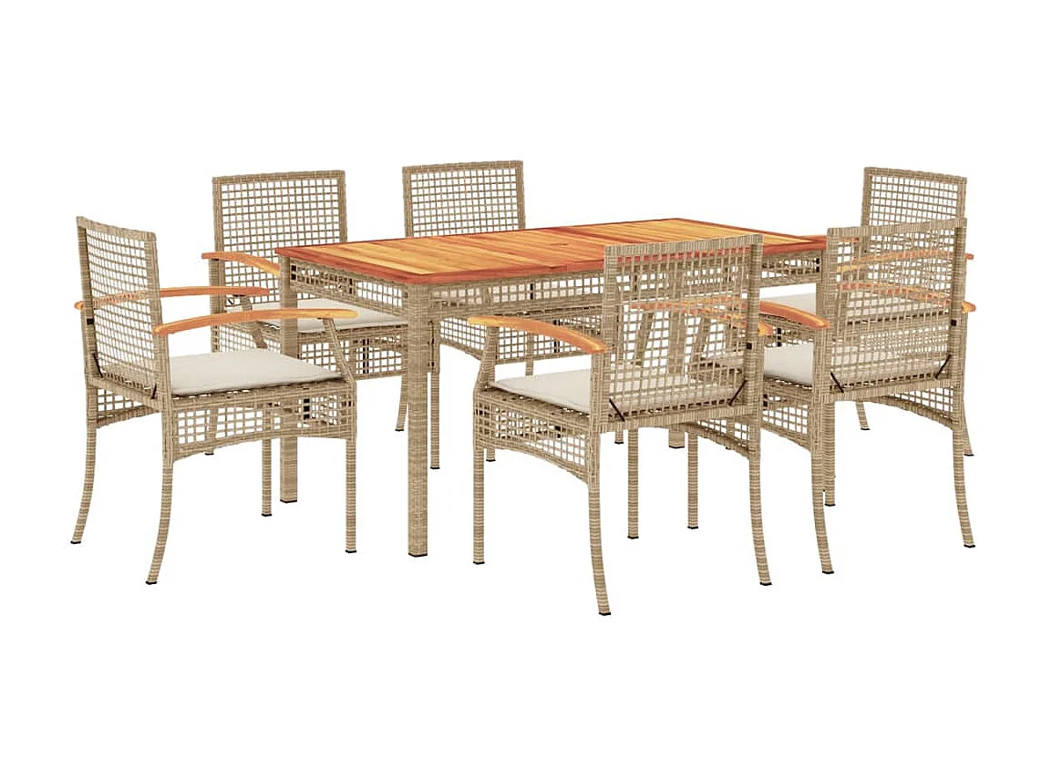 7 pcs conjunto de jantar p/ jardim com almofadões vime PE bege