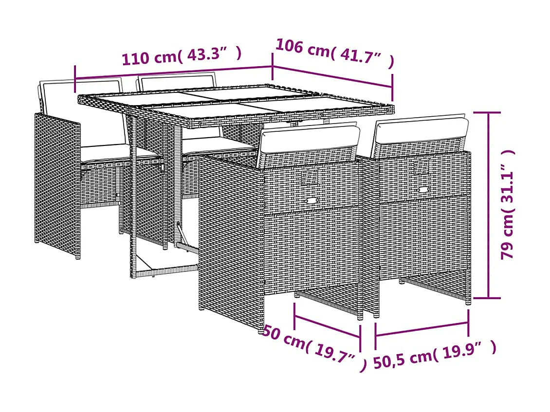 Set comedor de jardín 5 pzas con cojines ratán sintético beige