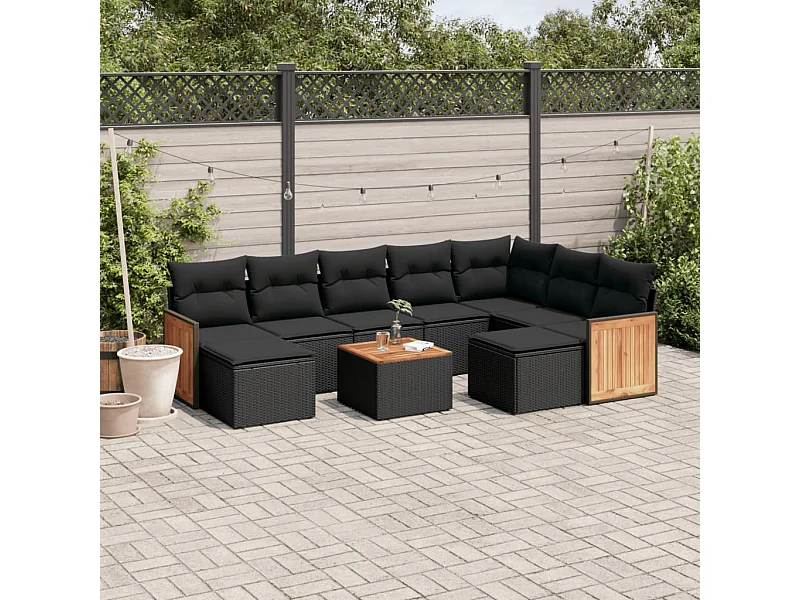 Salon de jardin 10 pcs avec coussins noir résine tressée