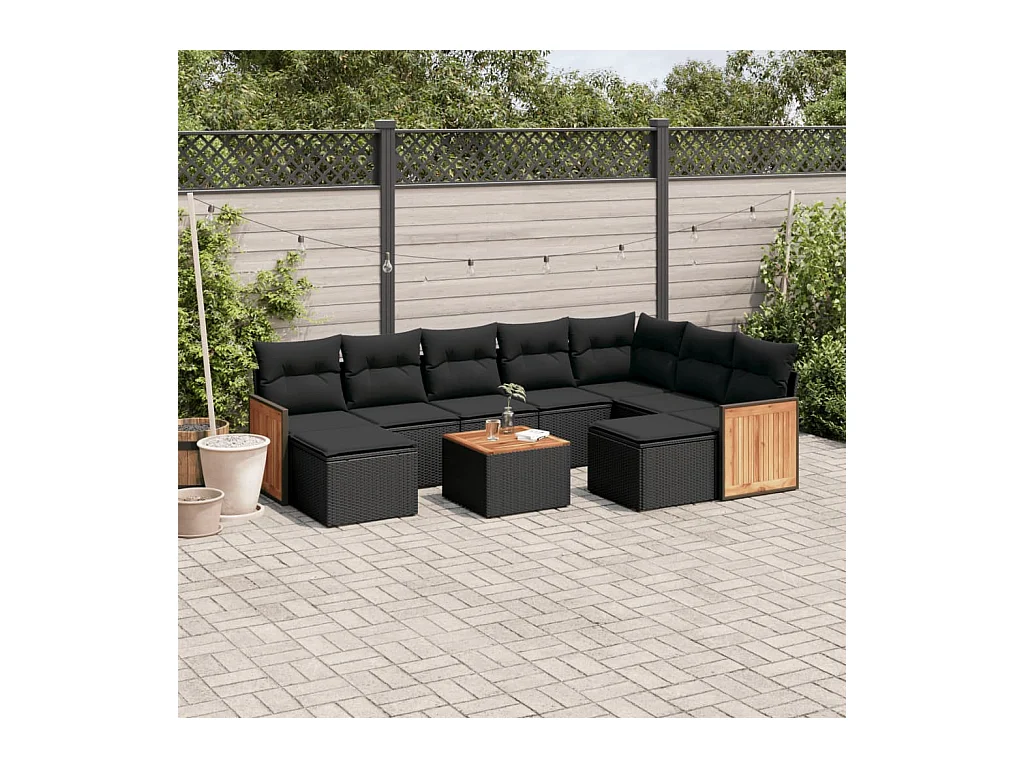 10-delige Loungeset met kussens poly rattan zwart