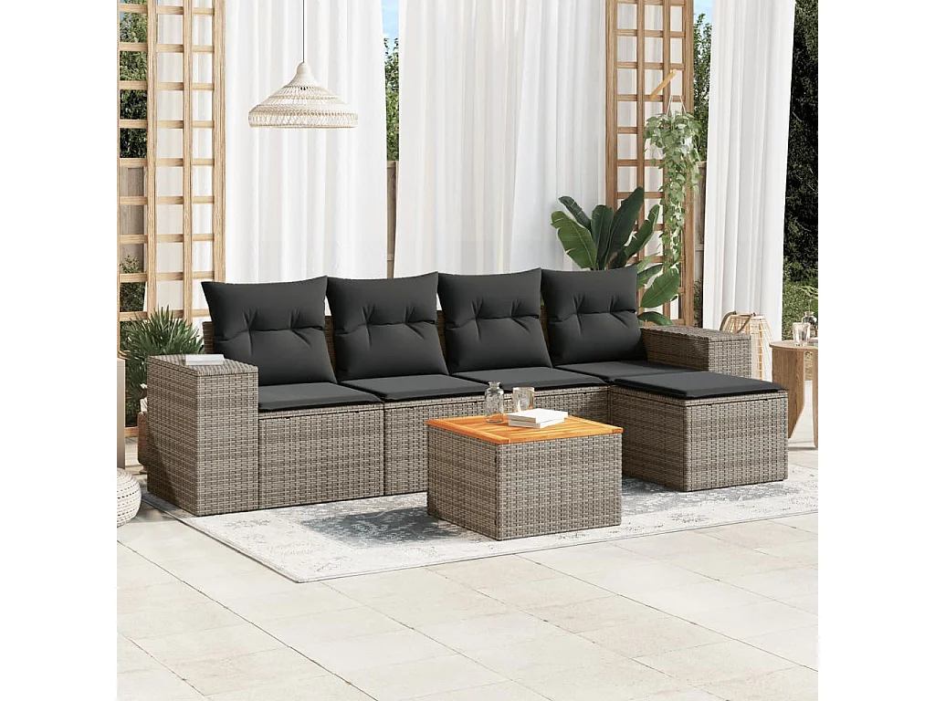 Salon de jardin 6 pcs avec coussins gris résine tressée