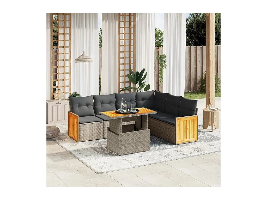 7 pcs conjunto sofás p/ jardim c/ almofadões vime PE cinzento