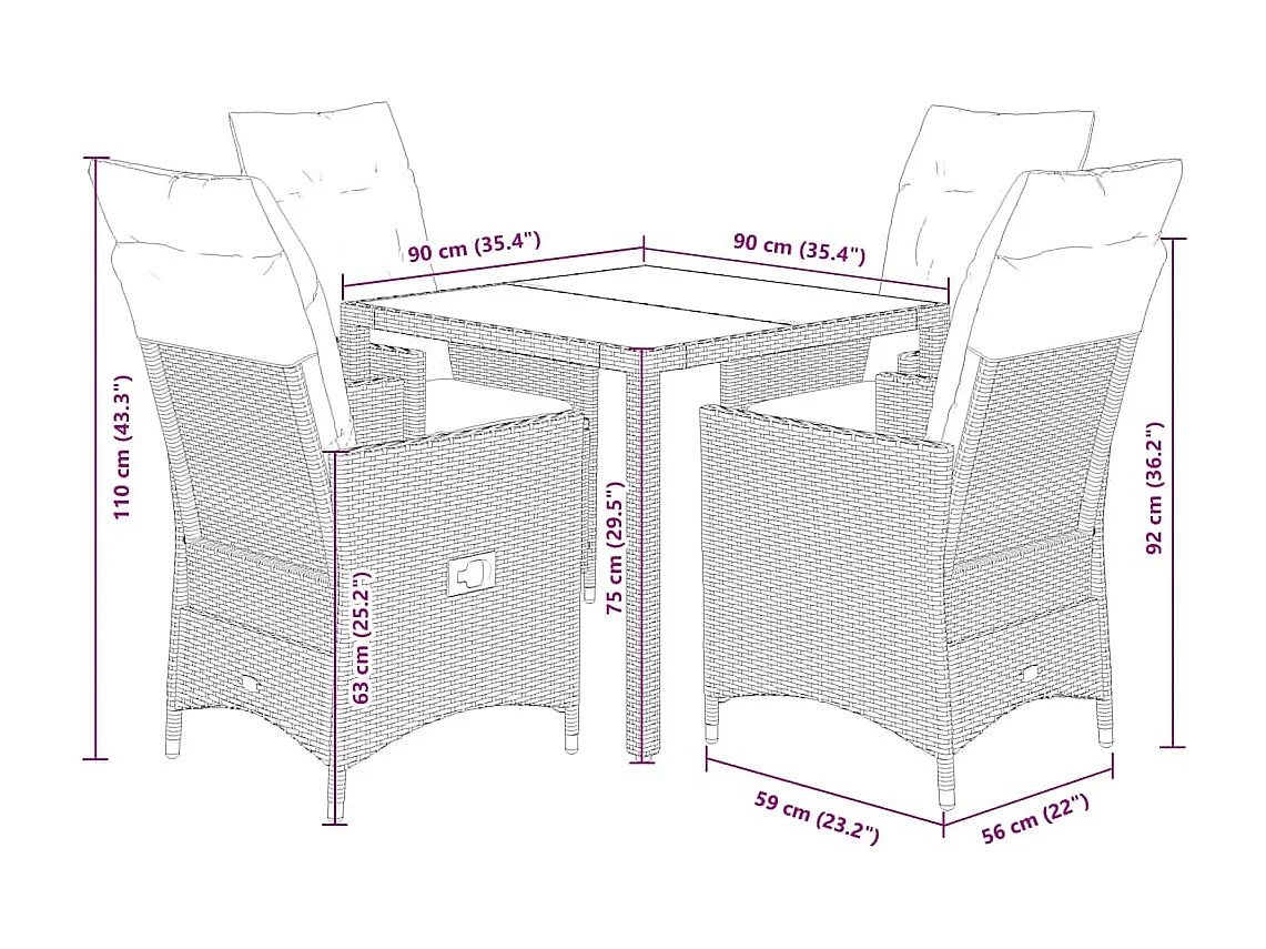 Ensemble à manger de jardin coussins 5pcs Noir Résine tressée