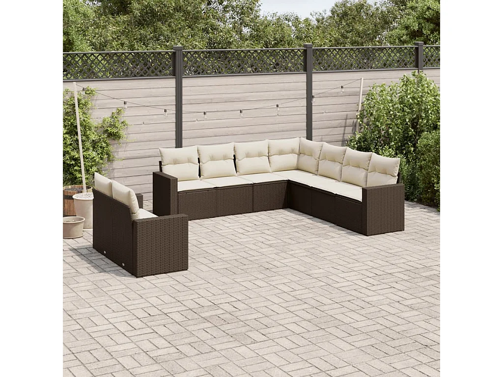 Salon de jardin avec coussins 9 pcs marron résine tressée