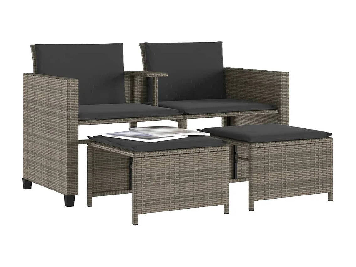 Sofá de jardín 2 plazas con mesa y taburetes ratán PE gris