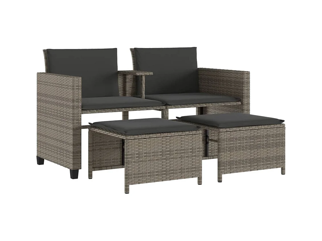Canapé de jardin 2 places avec table et tabourets gris rotin