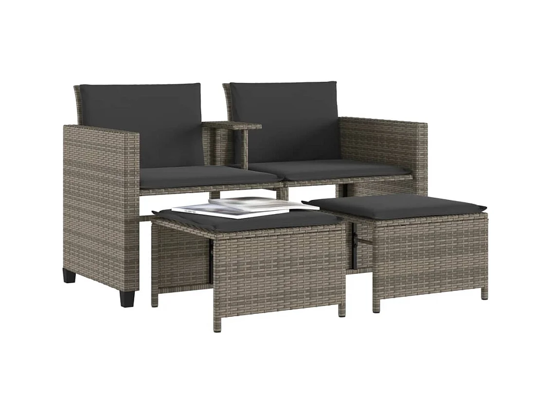 Canapé de jardin 2 places avec table et tabourets gris rotin