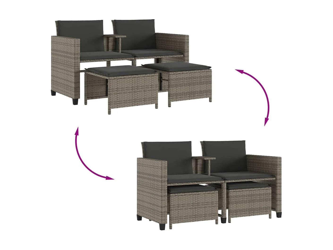 Canapé de jardin 2 places avec table et tabourets gris rotin