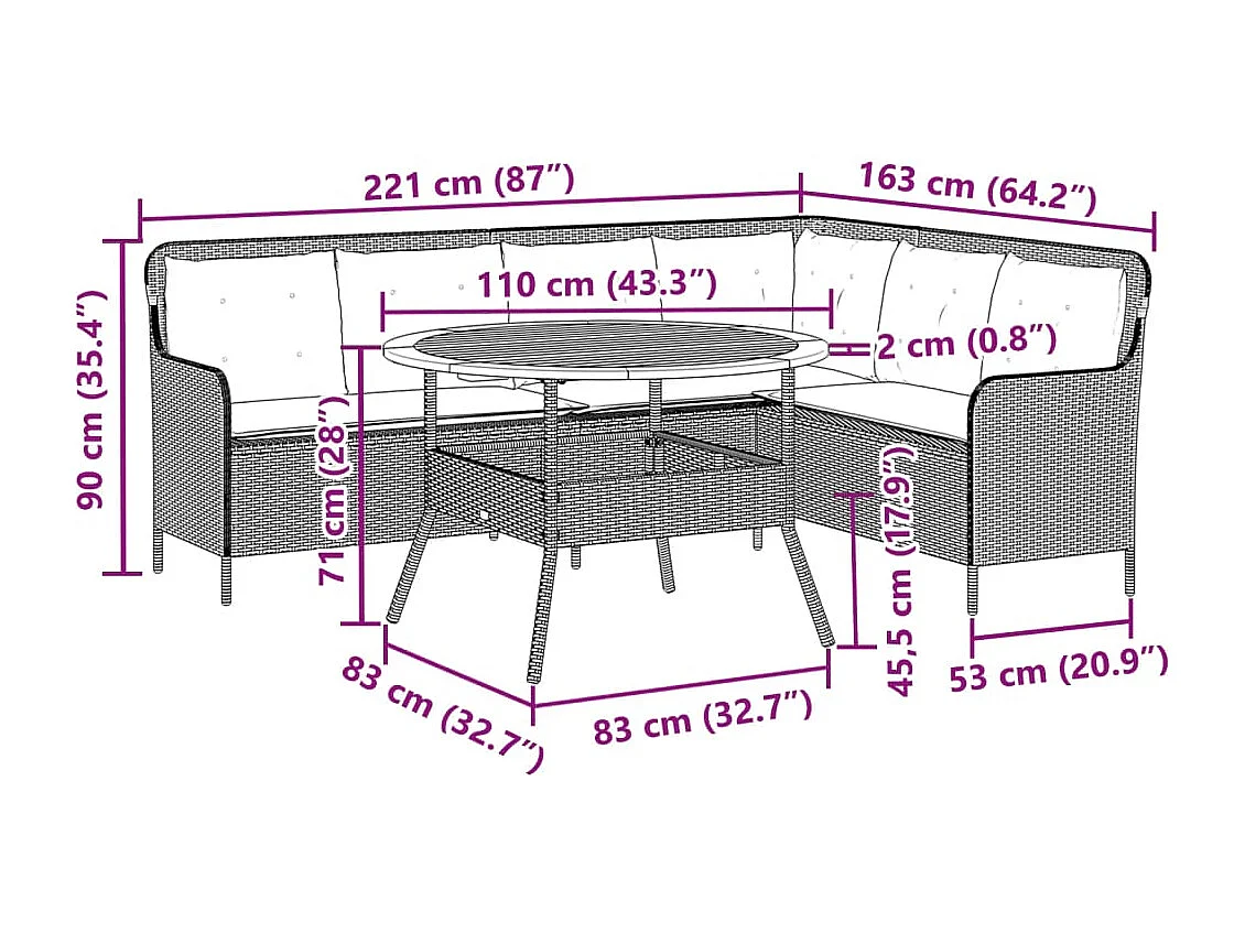 2 pcs conjunto de sofás p/ jardim com almofadões vime PE bege