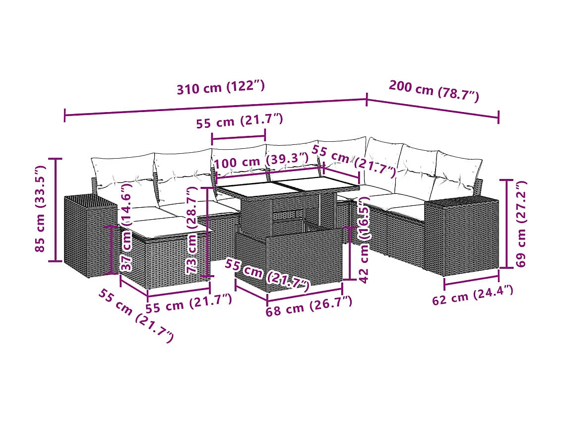 9 pcs conjunto de sofás p/ jardim c/ almofadões vime PE preto