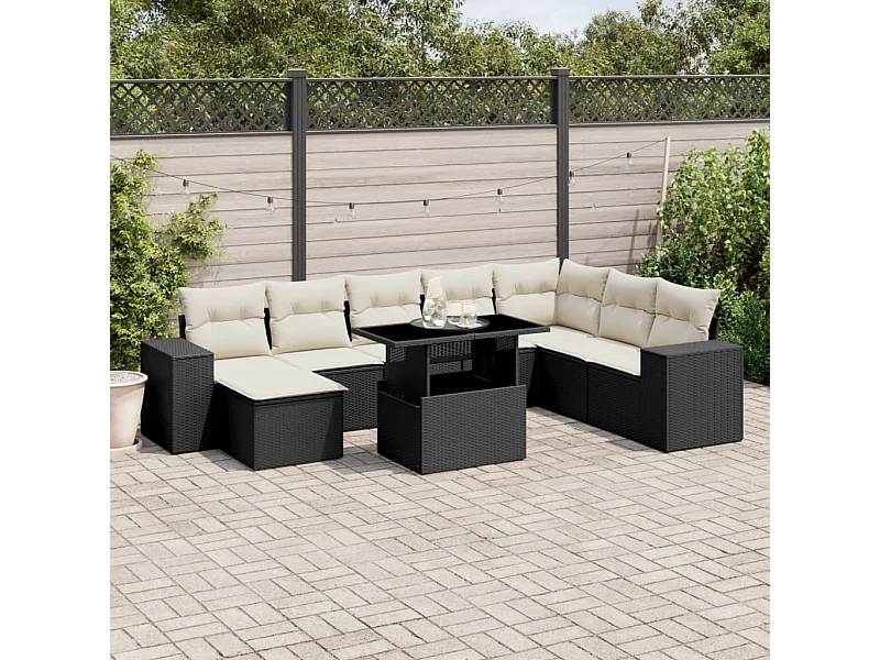 Set Divani da Giardino 9 pz con Cuscini Nero in Polyrattan