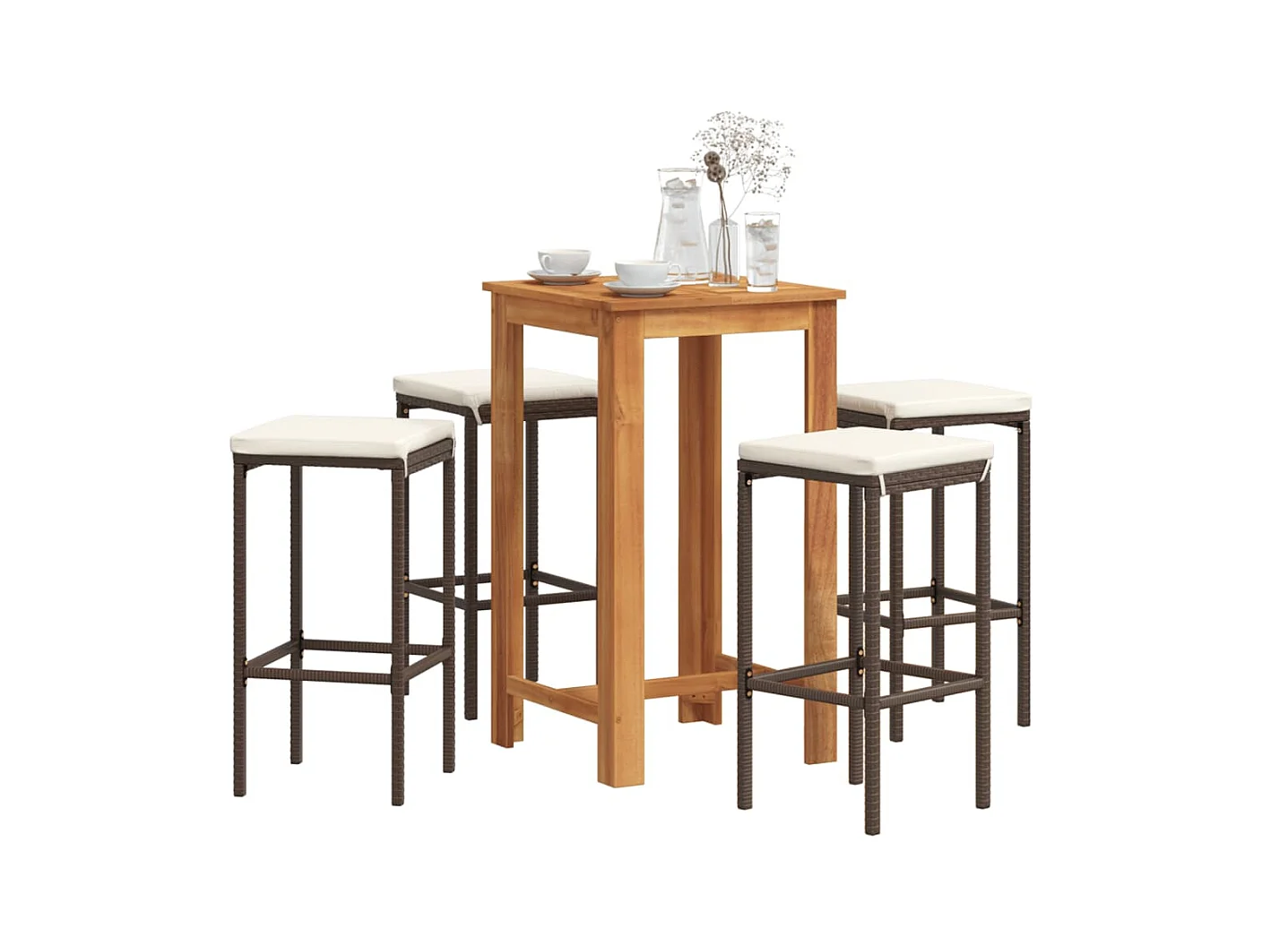 5 pcs conjunto de bar p/ jardim acácia maciça/vime PE castanho