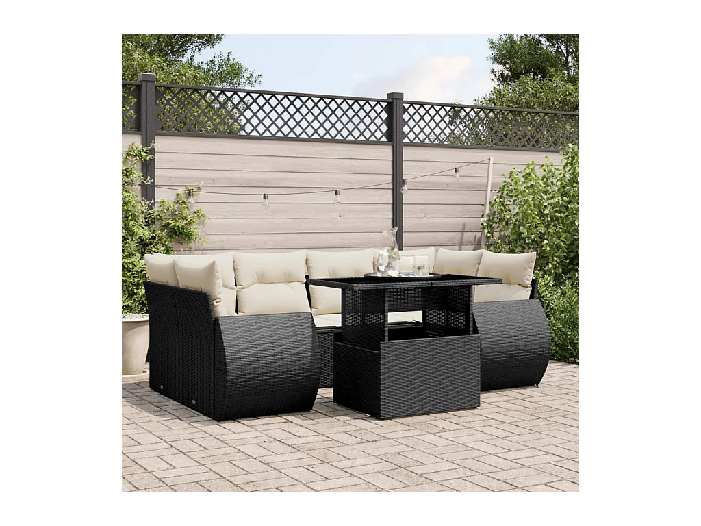 Set de sofás de jardín 7 pzas con cojines ratán sintético negro