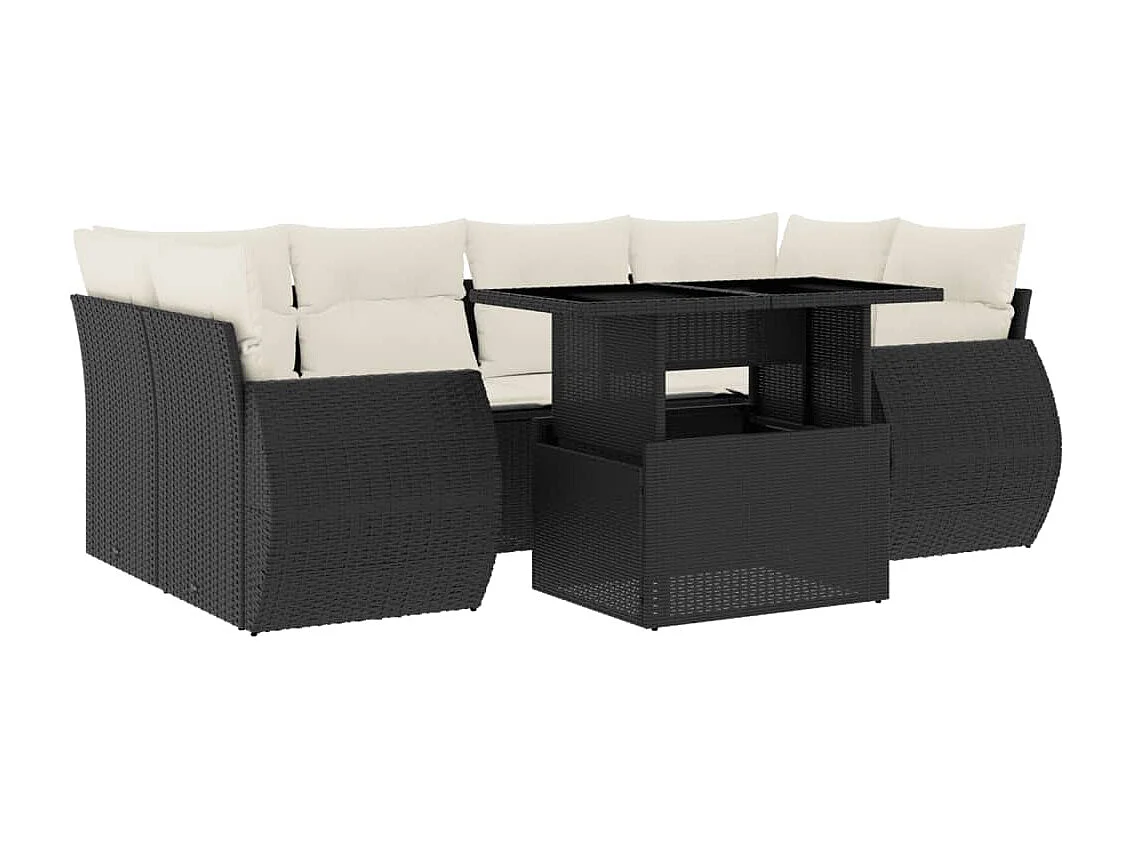 Salon de jardin 7 pcs avec coussins noir résine tressée