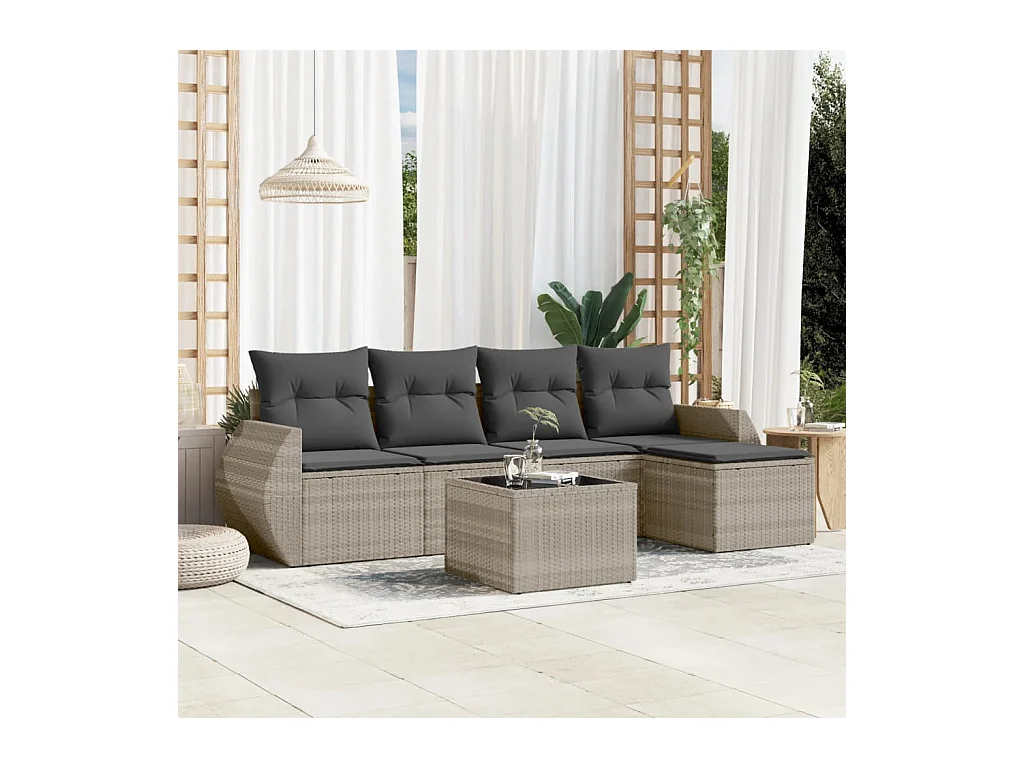 Salon de jardin 6 pcs avec coussins gris clair résine tressée