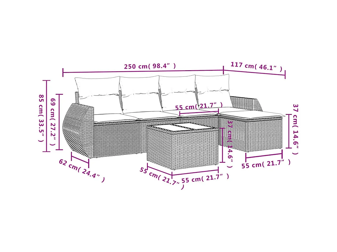 Salon de jardin 6 pcs avec coussins gris clair résine tressée