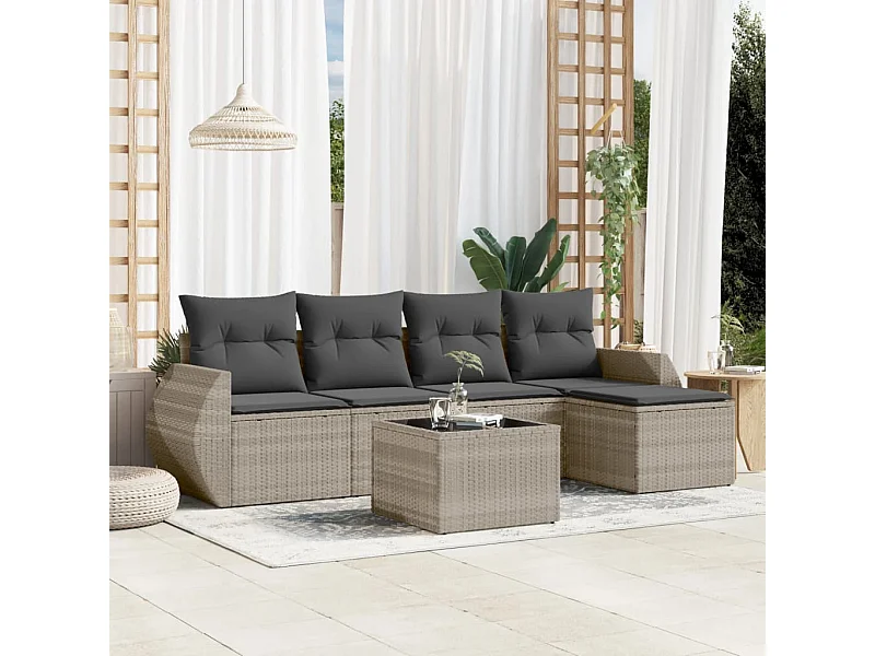 6-tlg. Garten-Sofagarnitur mit Kissen Hellgrau Poly Rattan
