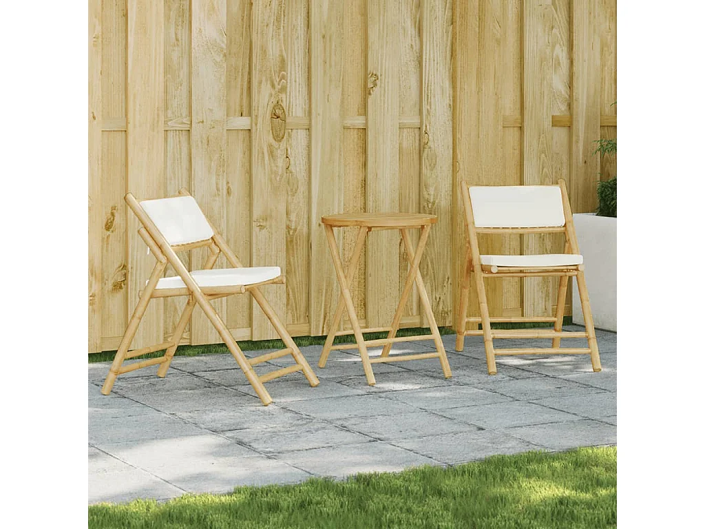 Ensemble de bistro pliante 3 pcs et coussins blanc crème bambou