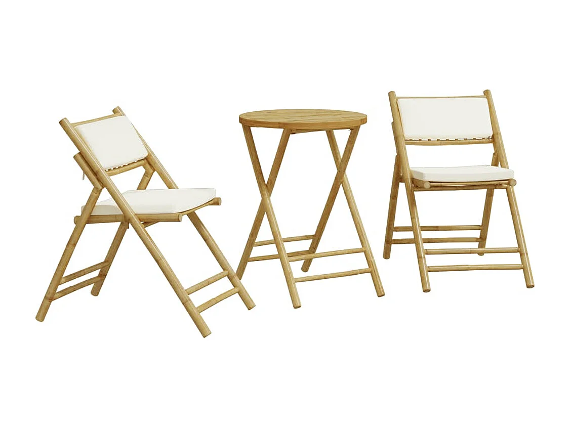 Ensemble de bistro pliante 3 pcs et coussins blanc crème bambou