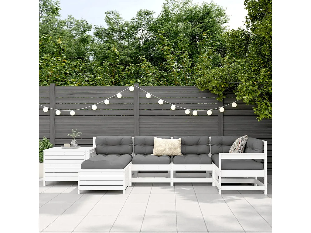 Salon de jardin 7 pcs blanc bois de pin massif