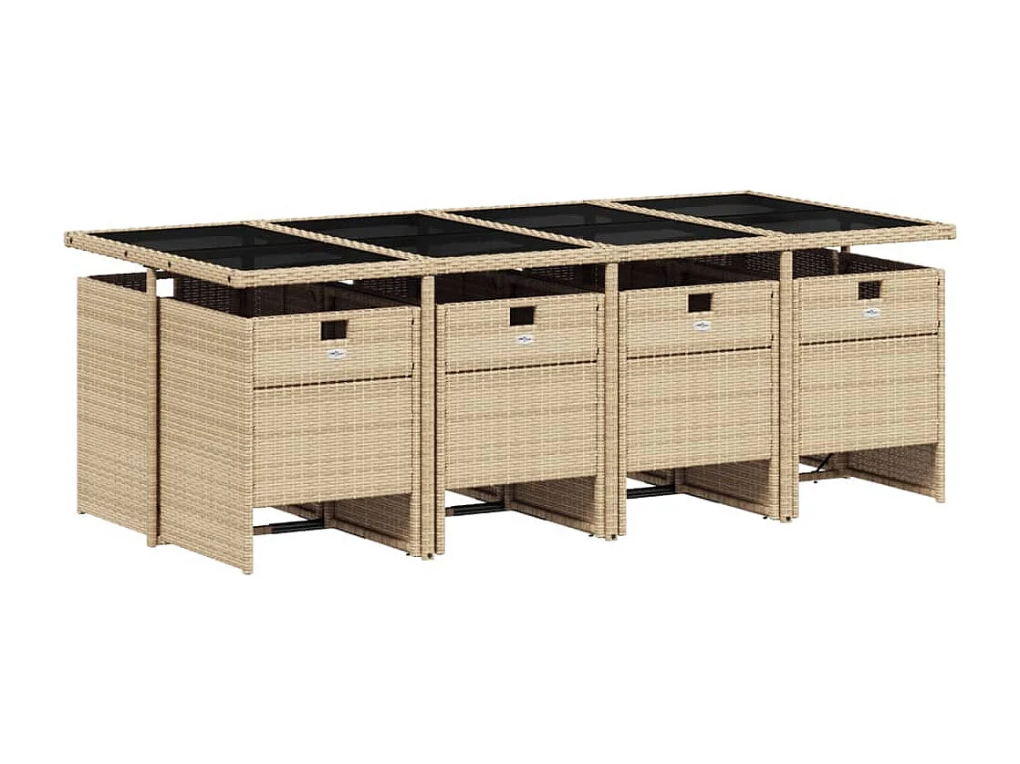 9 pcs conjunto de jantar p/ jardim com almofadões vime PE bege