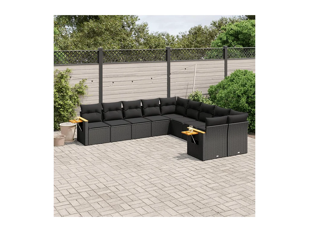 Salon de jardin 10 pcs avec coussins noir résine tressée