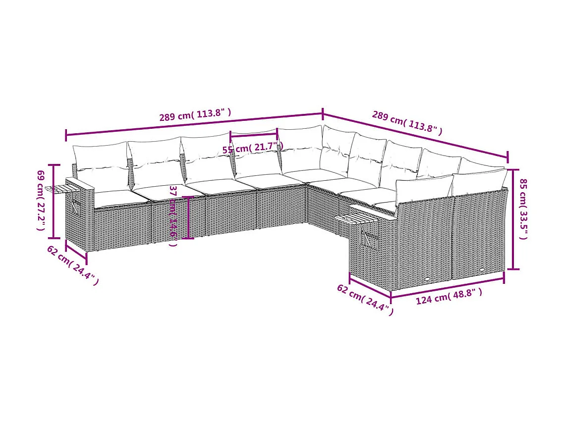 10-tlg. Garten-Sofagarnitur mit Kissen Schwarz Poly Rattan