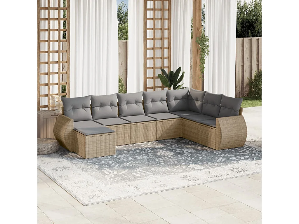 Salon de jardin avec coussins 8 pcs beige résine tressée