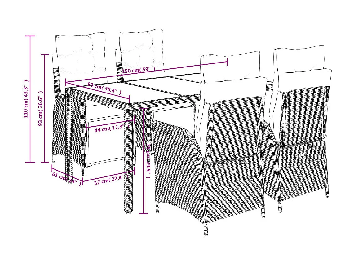 Ensemble à manger de jardin coussins 5pcs Noir Résine tressée