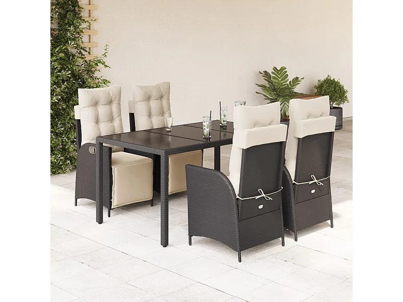 5 pcs conjunto de jantar p/ jardim c/ almofadões vime PE preto