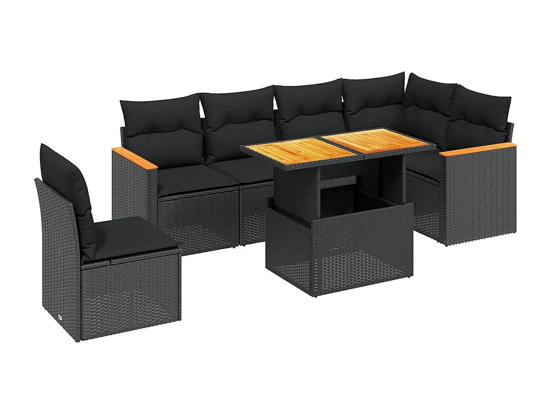 Salon de jardin 7 pcs avec coussins noir résine tressée