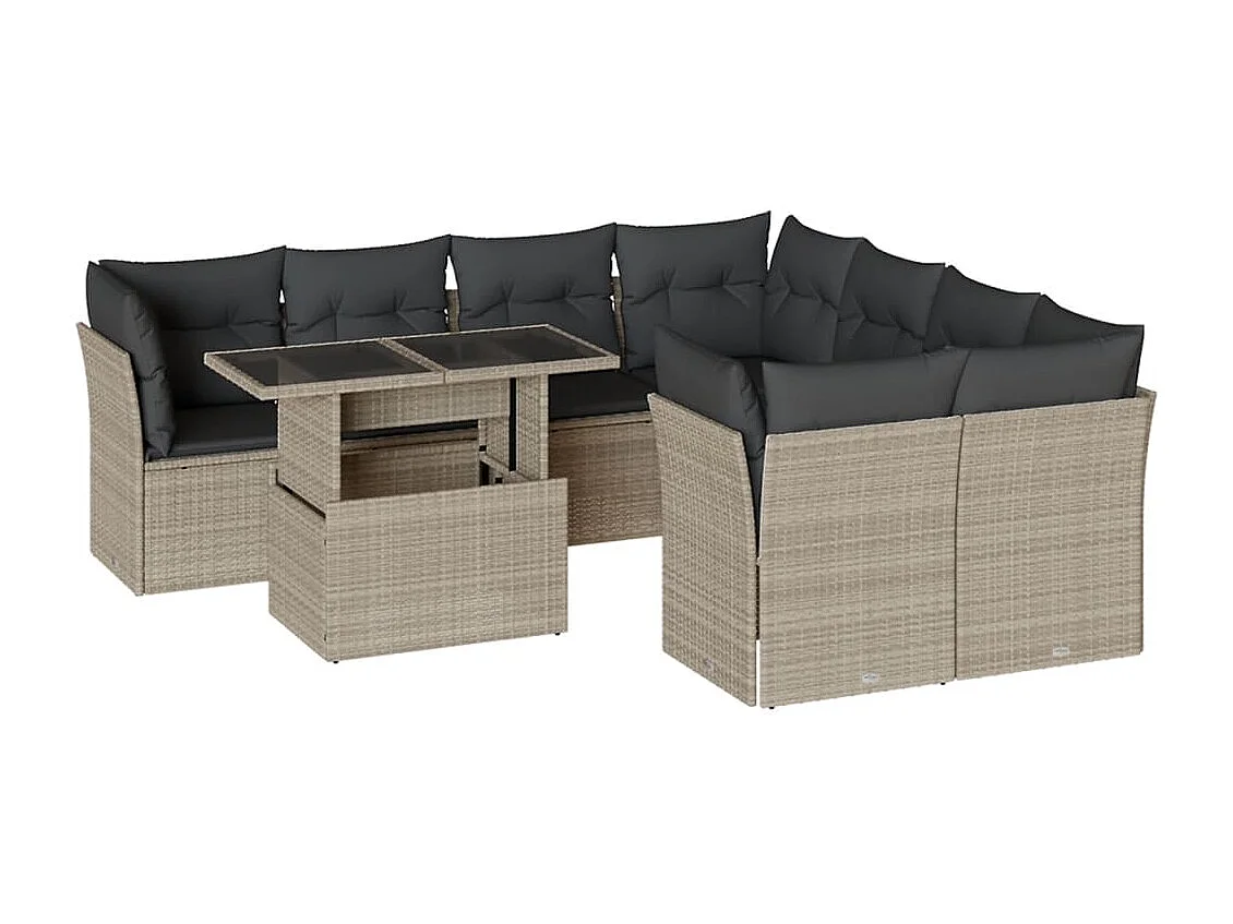 Set Divano da Giardino 9pz con Cuscini Grigio Chiaro Polyrattan