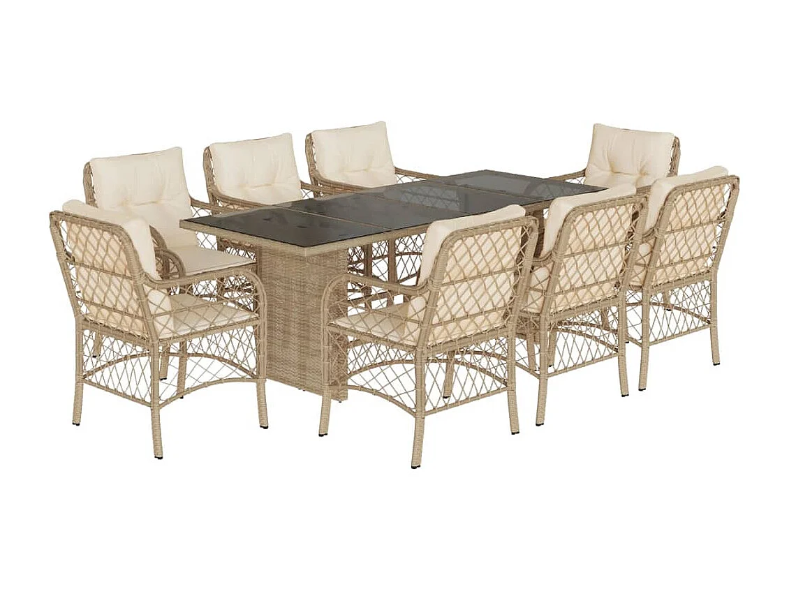 Ensemble à manger de jardin et coussins 9 pcs beige Poly rotin