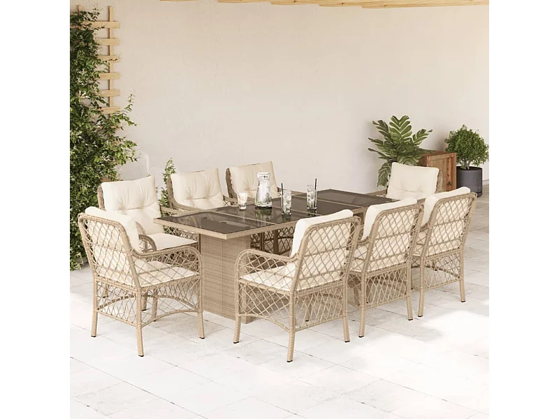 Ensemble à manger de jardin et coussins 9 pcs beige Poly rotin