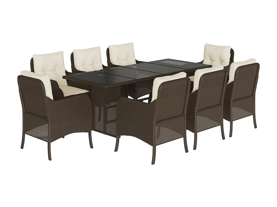 Set da Pranzo da Giardino 9pz con Cuscini Marrone in Polyrattan