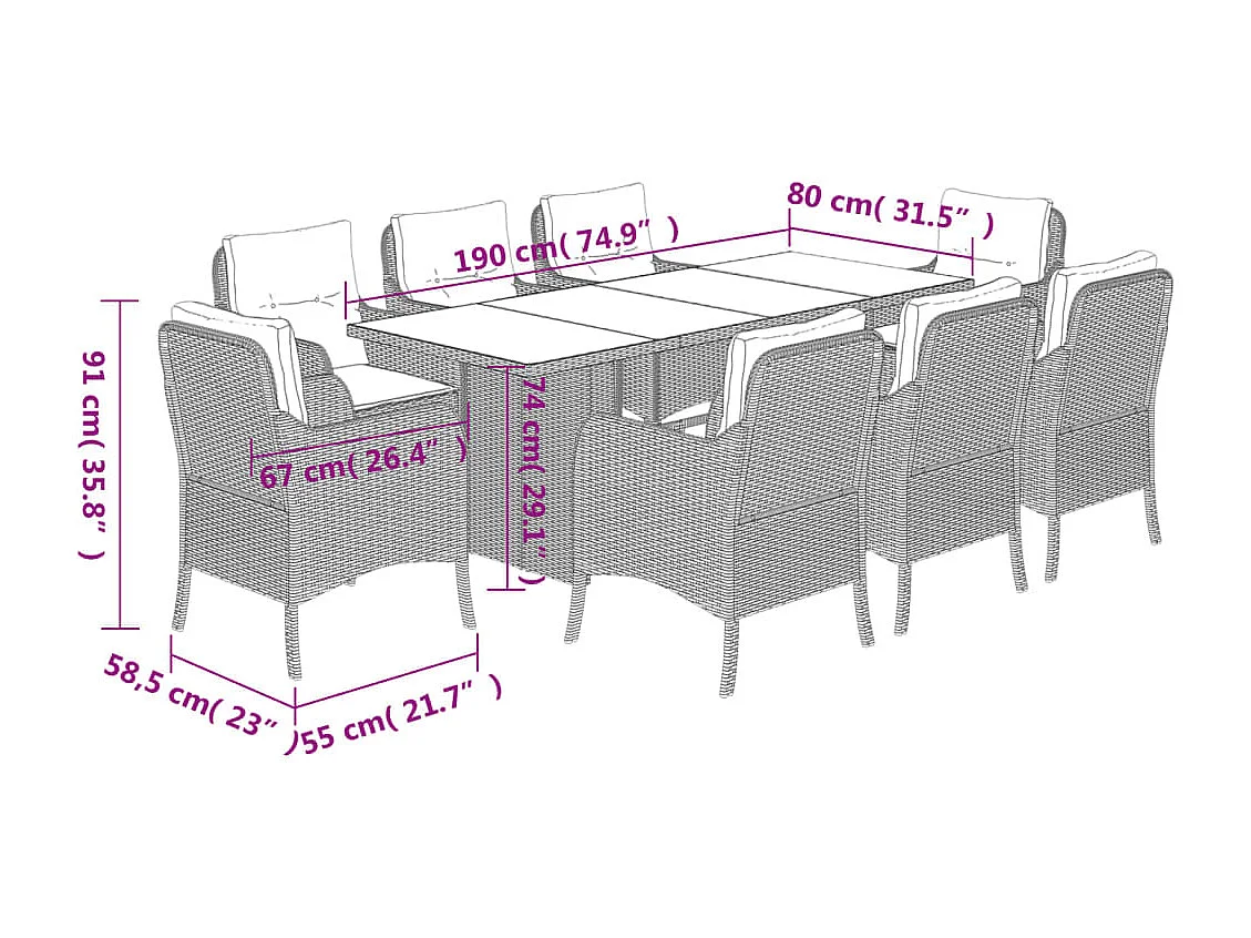 Ensemble à manger de jardin et coussins 9 pcs marron poly rotin