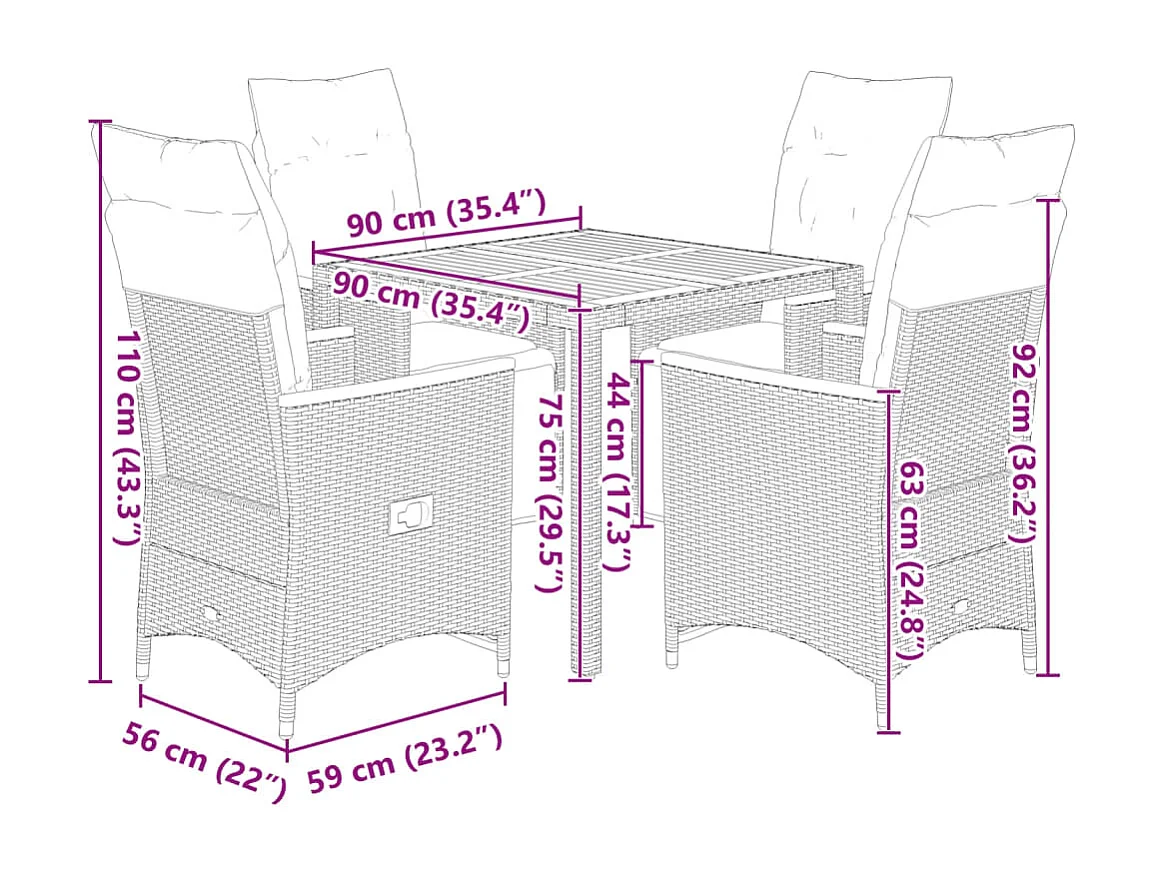 Set Bistrò da Giardino 5 pz con Cuscini in Polyrattan Grigio