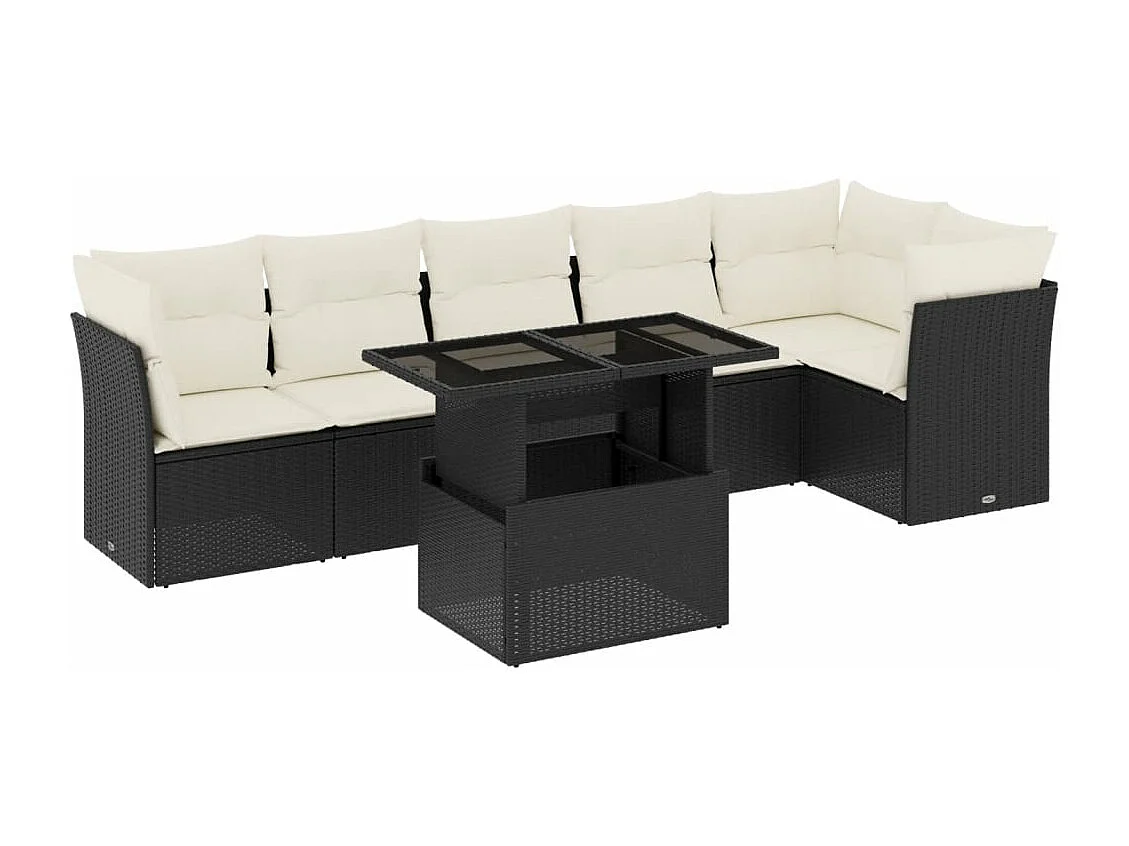 Salon de jardin 7 pcs avec coussins noir résine tressée
