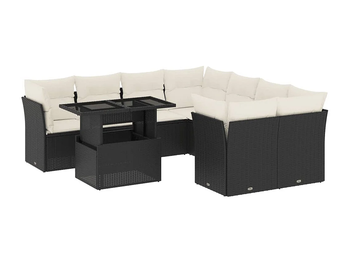 Salon de jardin 9 pcs avec coussins noir résine tressée