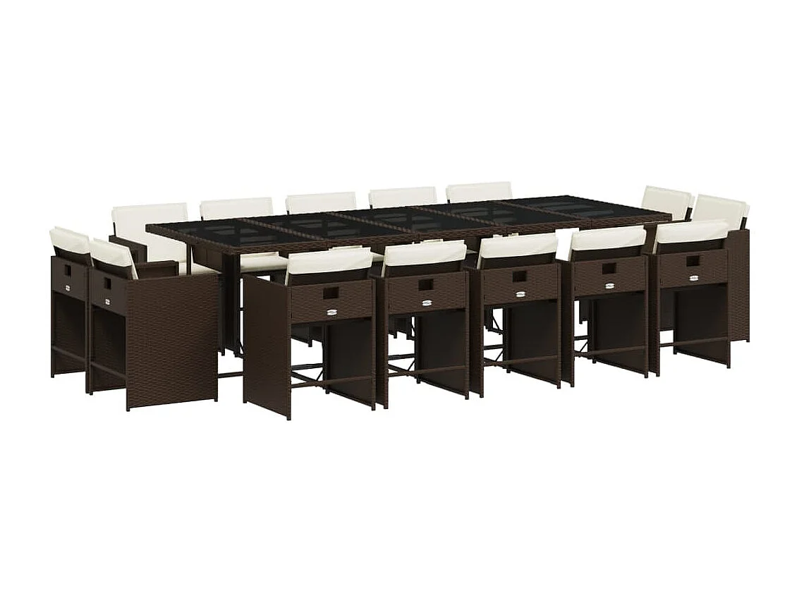 Set comedor de jardín y cojines 15 pzas ratán sintético marrón