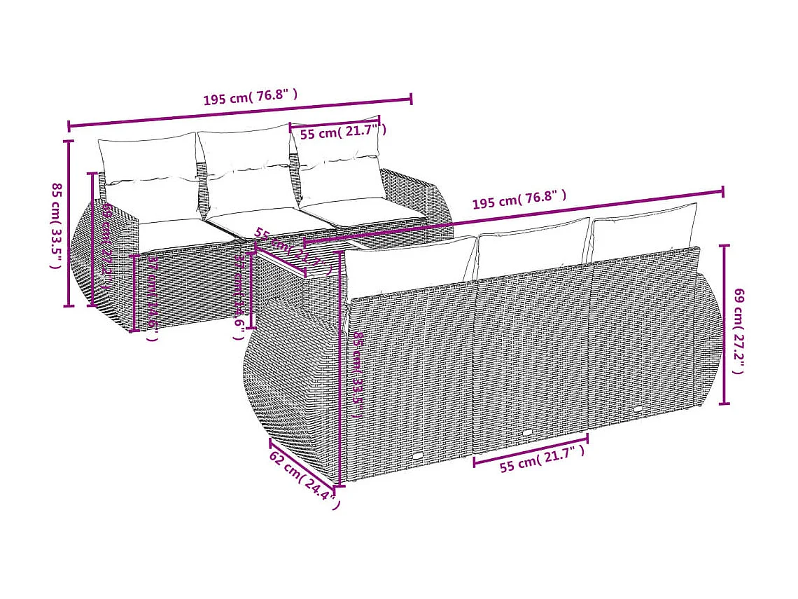Set Divani da Giardino con Cuscini 7pz Nero Polyrattan