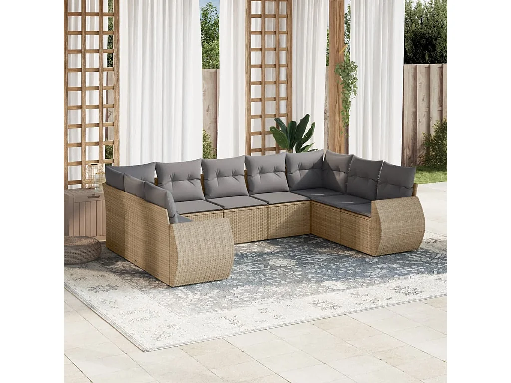 Salon de jardin avec coussins 9 pcs beige résine tressée