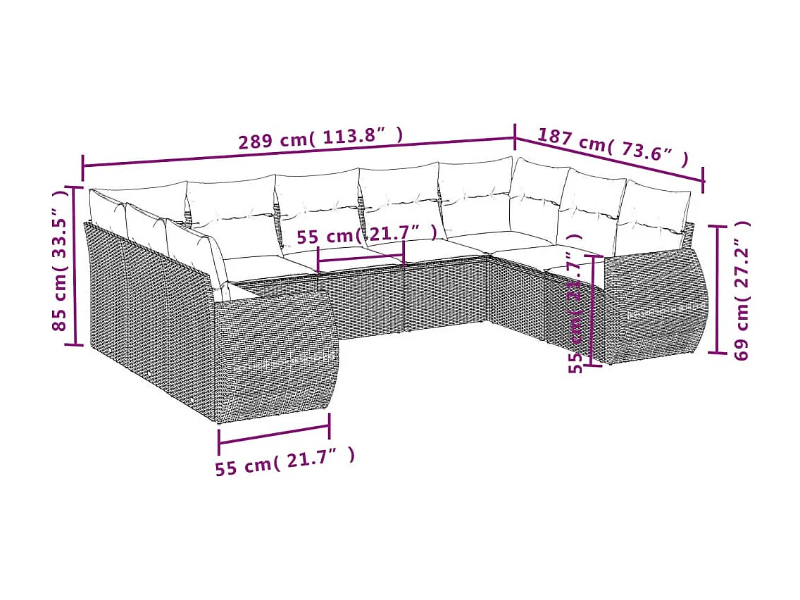 9 pcs conjunto de sofás p/ jardim com almofadões vime PE bege
