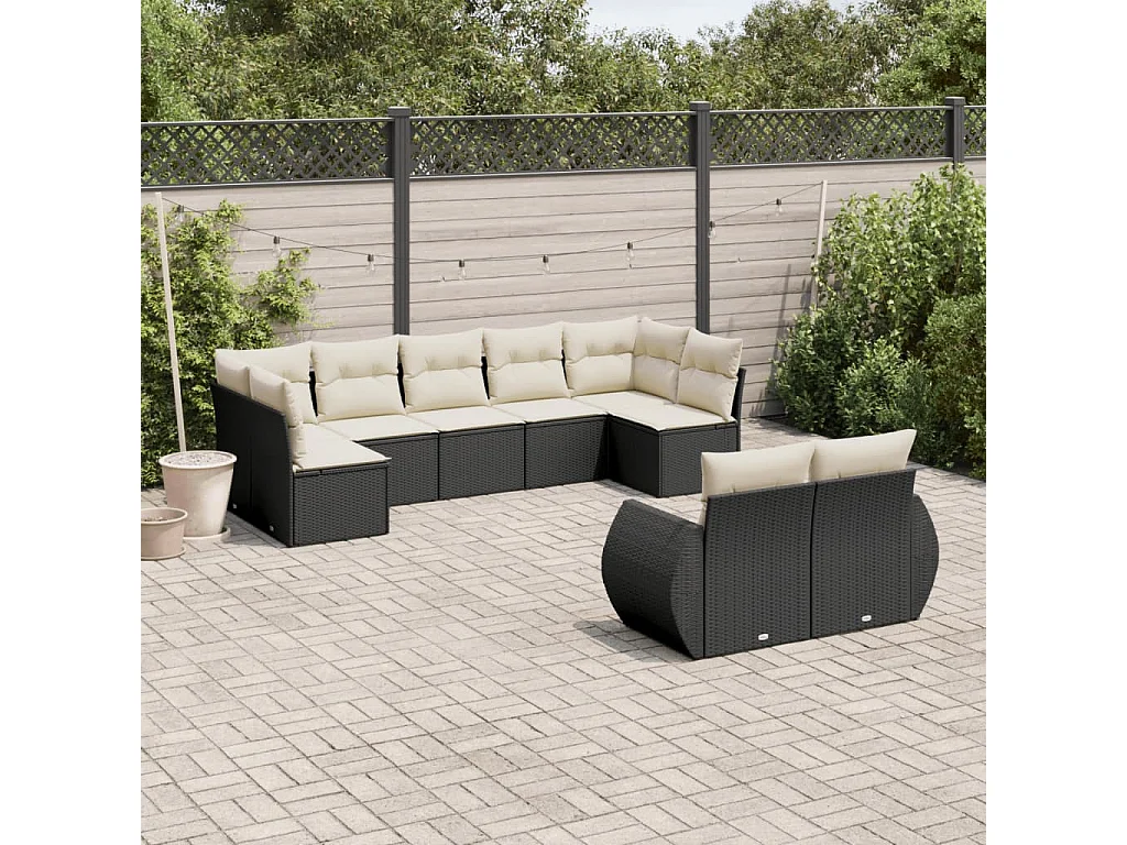 Set Divani da Giardino 9 pz con Cuscini Nero in Polyrattan
