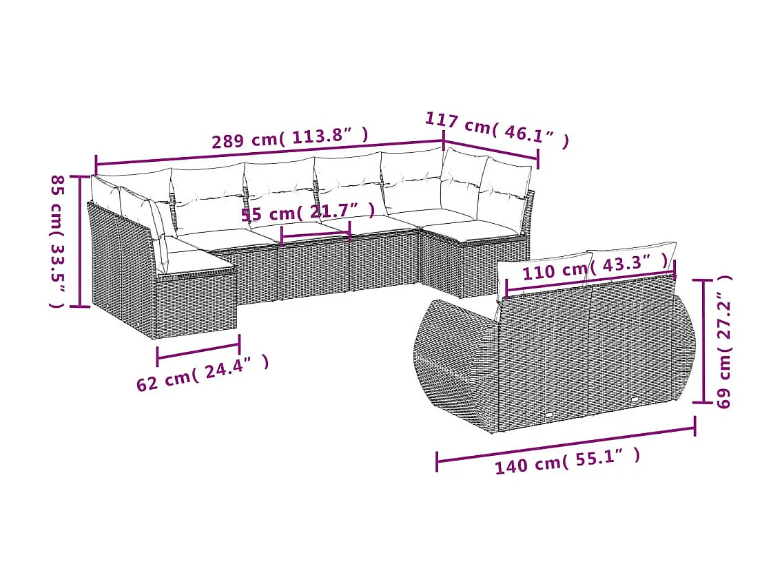 Set Divani da Giardino 9 pz con Cuscini Nero in Polyrattan