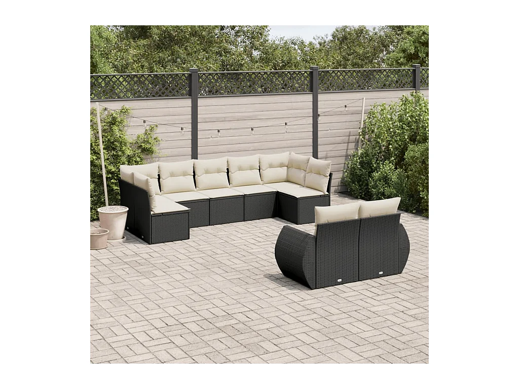 Salon de jardin 9 pcs avec coussins noir résine tressée